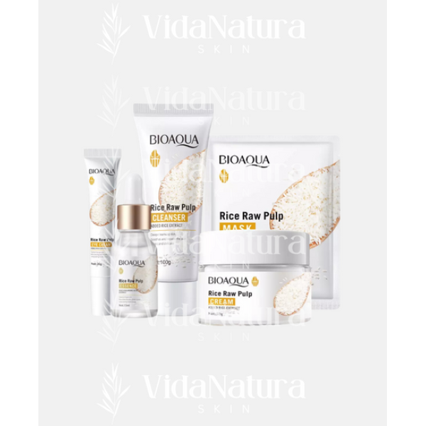 Tratamiento facial en kit que promueve una piel hidratada, nutrida, suave y revitalizada. Elimina piel muerta y reseca, hidratando profundamente tu cara. Experimenta la frescura y el resplandor natural que solo el arroz y la Centella Asiática pueden ofrecer. Se compone de un jabon limpiador, una crema hidratante, un contorno de ojos hidratante y renovador de ojeras, un serum limpiador, una mascarilla de velo para unificar el proceso.