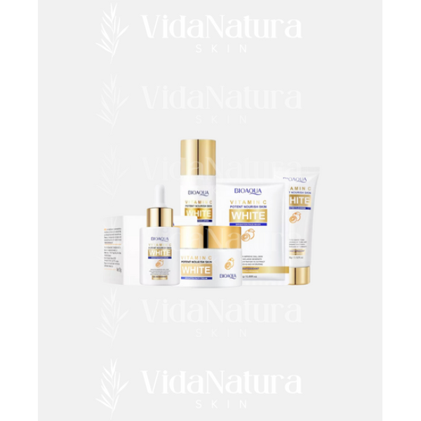 Kit White BIOAQUA: Tónico Vitamina C, Jabón Facial, Crema, Mascarilla de Velo, Serum. Tratamiento anti-mancha, aclarante, despigmentante facial, desmanchador, para una piel radiante.